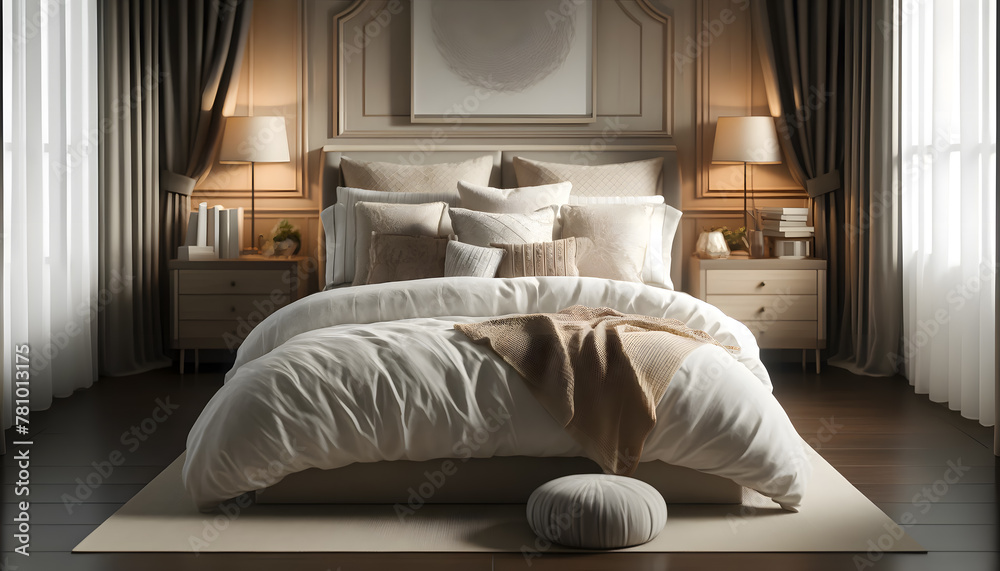 Fototapeta premium A comfortable bed with fluffy sheets floats on a big cloud floating in the sky. Gives a pleasant feeling.