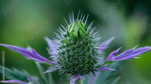 Close up of purple flower with green leaves