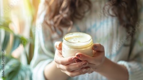 A woman holding a jar of moisturizer with natural ingredients, highlighting the importance of nourishing the skin.  photo