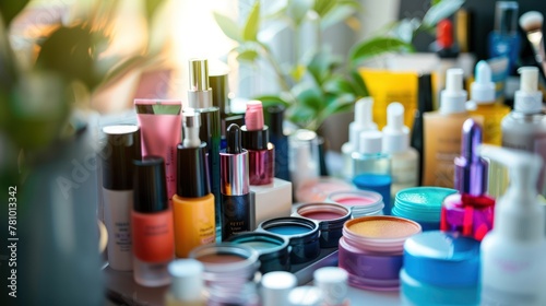 A vibrant assortment of colorful skincare products arranged neatly on a vanity table, appealing to beauty enthusiasts.