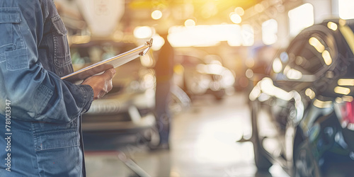 close up of mechanic holding clipboard while working on car in auto repair shop, generative AI