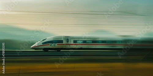A train with the letters ICE on it is speeding down the tracks. The train is surrounded by a blurry background, giving the impression of motion and speed. Concept of excitement and energy
