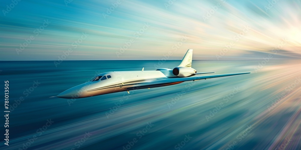 Fototapeta premium A jet plane is flying through the sky over the ocean. The plane is white and has a long body. Concept of freedom and adventure