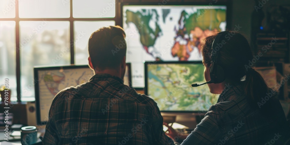 Two people are sitting in front of a computer monitor with a map on it. They are looking at the map and discussing something