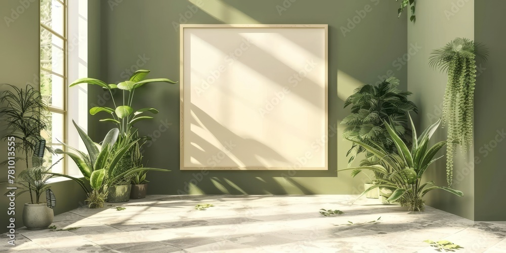 A room with a white wall and a large empty frame. The room is filled with plants and has a bright, sunny atmosphere A room with a white wall and a large empty frame. The room is filled with plants and has a bright, sunny atmosphere