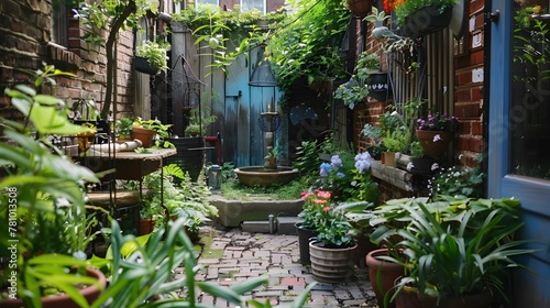 A cozy pocket park tucked away in an urban alley, small space transformed into a green haven photo