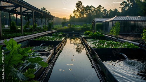 A serene scene of a water conservation system in a sustainable farm, featuring rainwater harvesting tanks photo
