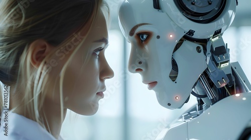 AI robot looking at the scientist who created her