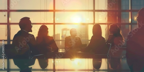 A group of people are sitting around a table in a conference room. The room is filled with sunlight, creating a warm and inviting atmosphere. The people are dressed in business attire
