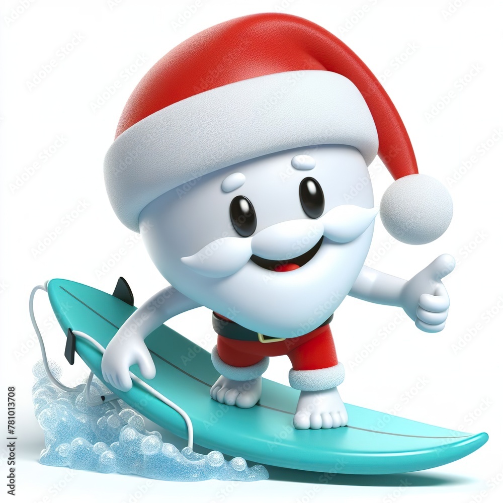 Cute character 3D image of a Santa playing Surfing, funny, happy, smile, white background Cute character 3D image of a Santa playing Surfing, funny, happy, smile, white background