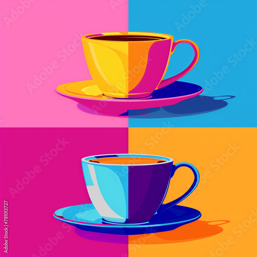 A cup of coffee set colorful contrast scheme, flat illustration style, pop art design, Generative AI	