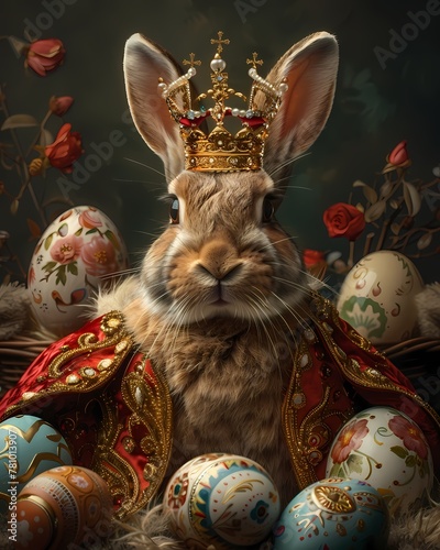 Oil painting features a king bunny wearing a crown with Easter eggs  wall art, vintage renaissance style digital art print, wallpaper, background photo