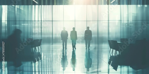 Three men walking in a large, empty building. The building is mostly empty, with only a few chairs and tables visible