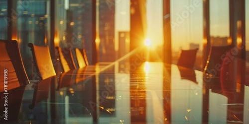 A large conference table with a sun shining through the windows