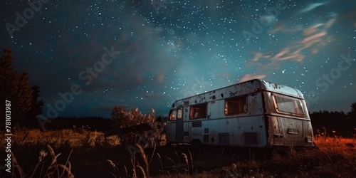 A rusted old trailer is parked in a field at night. The sky is filled with stars and the atmosphere is peaceful and serene