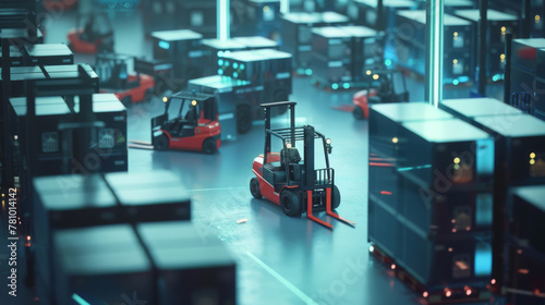 Animated forklifts with AI navigating through a digitized warehouse, avoiding collisions using predictive analytics,
