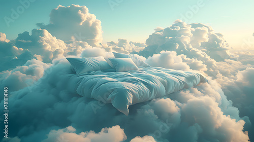 A comfortable bed with fluffy sheets floats on a big cloud floating in the sky. Gives a pleasant feeling.