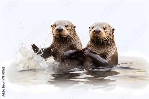 Playful otters frolicking in pristine river waters, isolated on white solid background © Hunny