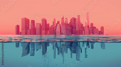 Animated sequence showing the gradual engulfment of vibrant cities by rising sea levels, a slow-motion catastrophe, photo