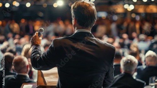 A real estate auctioneer calling bids in a crowded auction room, showcasing the competitive nature of property auctions. 