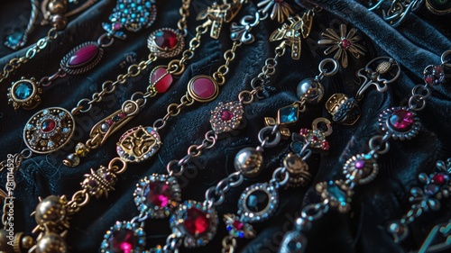 Collection of assorted vintage jewelry with colorful gemstones and intricate designs displayed on dark fabric background photo