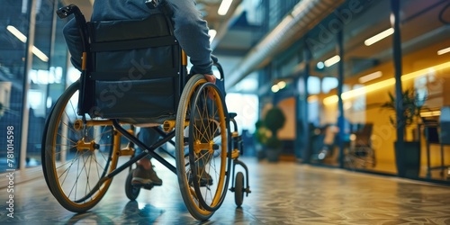 A person in a wheelchair is sitting in a hallway. The wheelchair is yellow and black. The hallway is dimly lit