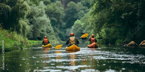 Three people are kayaking down a river. The water is calm and the trees are lush. The kayakers are wearing bright yellow life jackets and helmets © kiimoshi