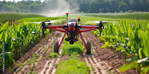 A red drone is flying over a field of corn. The drone is equipped with a camera and is likely being used for agricultural purposes
