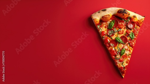 Single slice of pizza with various toppings on red background