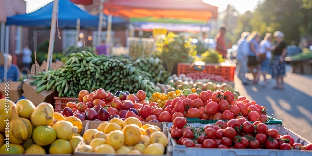 A market with a variety of fruits and vegetables, including tomatoes, oranges, and cucumbers. The atmosphere is lively and bustling with people shopping