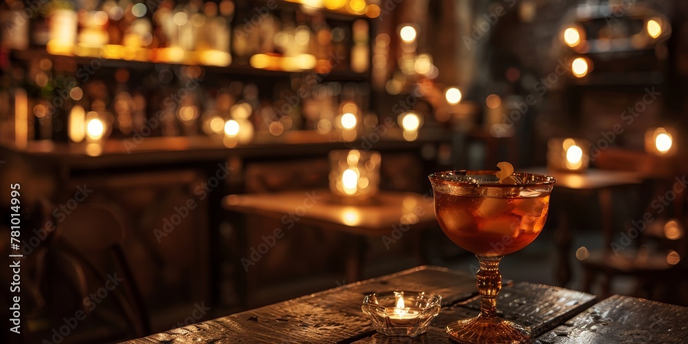 A glass of liquor is on a table in a dimly lit bar. The atmosphere is cozy and intimate, with candles and other lighting sources creating a warm and inviting ambiance