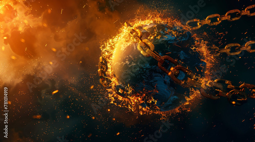 Artistic portrayal of Earth as a burning orb, with chains of gold and oil barrels locked around it, symbolizing financial and industrial chains, photo