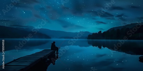 A man is sitting on a dock by a lake at night. The sky is dark and filled with stars