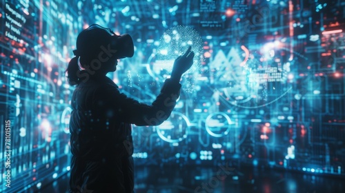 A data yst standing in front of a wallsized screen lost in thought as they navigate through a visually stunning virtual world filled with data and information. In one hand they hold .