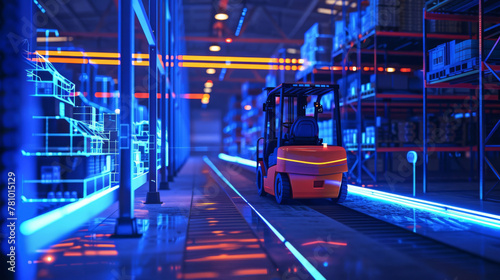 Autonomous forklift navigating through a high-tech warehouse, with AI-guided paths illuminated, © FoxGrafy