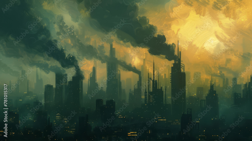 Fototapeta premium Concept art of cityscapes overshadowed by towering dark smog clouds, a stark contrast to a clean energy future,