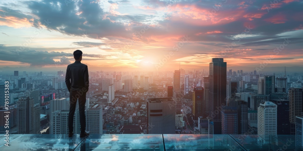 A man stands on a glass floor looking out over a city at a sunset. Concept of awe and wonder at the beauty of the city and the natural world. The man's gaze is focused on the horizon