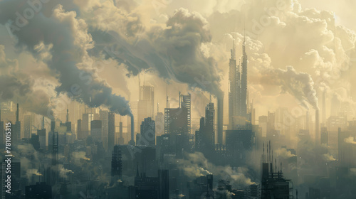 Concept art of cityscapes overshadowed by towering dark smog clouds  a stark contrast to a clean energy future 