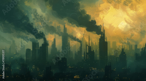 Concept art of cityscapes overshadowed by towering dark smog clouds, a stark contrast to a clean energy future,