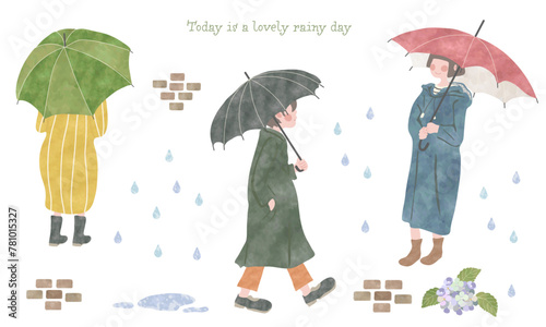 雨降りに傘をさして外出する女性たち（水彩タッチ）