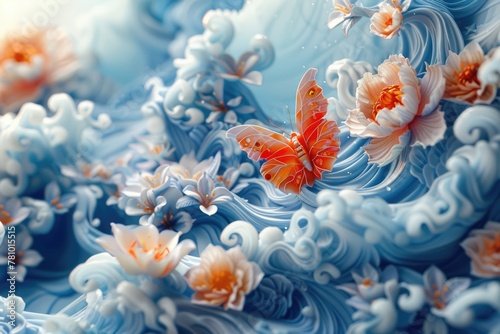 Exquisite craftsmanship: colorful butterfly and flower organic paper sculpture design, an illustration of dreamy romance, perfect for banner, capturing the beauty of nature in intricate detail.