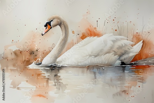 Fototapeta Naklejka Na Ścianę i Meble -  Oil painting digital art prints wall art features white swan swimming in the pond, farmhouse decor, nature theme