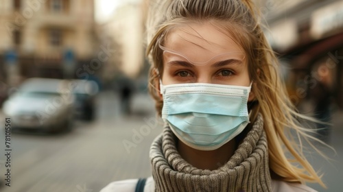 Woman in face mask walking city street