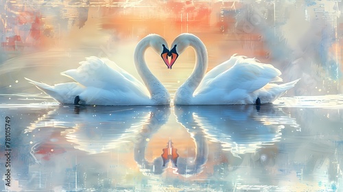 Fototapeta Naklejka Na Ścianę i Meble -  Oil painting digital art prints wall art features white swan swimming in the pond, farmhouse decor