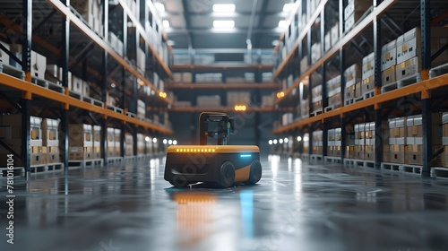 Automated Forklift Handling Cargo Storage in Futuristic Warehouse Facility