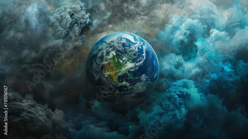 Conceptual art of the Earth, its blue and green beauty obscured by a dense, dark cloud of pollution and negligence, photo