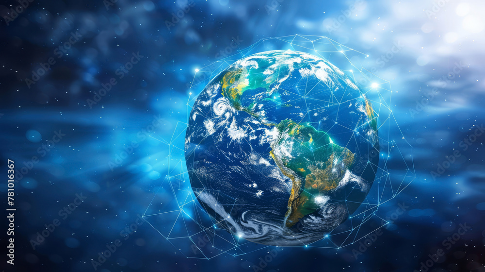Fototapeta premium Conceptual image of the Earth wrapped in a lattice of digital data, symbolizing global information exchange,