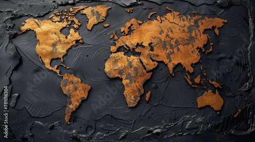 Conceptual image of a world map, its continents outlined with oil spills and carbon footprints,