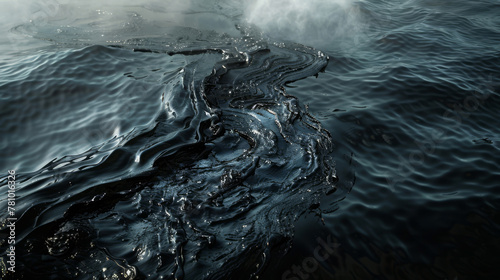 Conceptual image of dark oil spills spreading across the ocean's surface, threatening marine life and coastal communities,