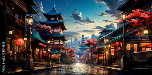 Traditional Eastern Streets with Futuristic Cityscape photo